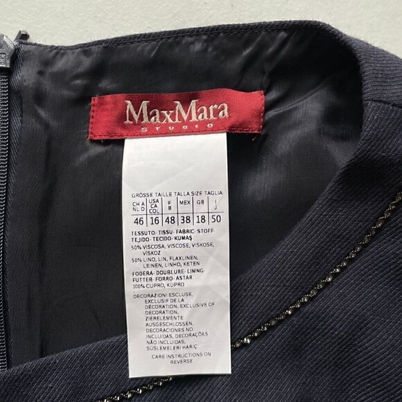 MaxMara Studio Linen Blend Dress Navy Blue Size 16 Sleeveless Sheath Classic - Picture 6 of 8